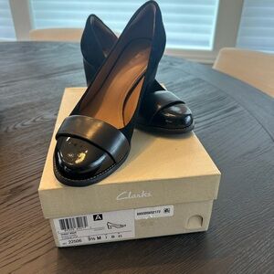 Clarks Black Suede Blocky Heels with Leather Accents (Patent and Smooth)